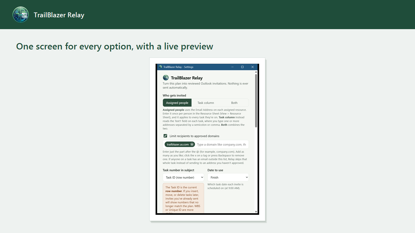One screen for every option, with a live preview